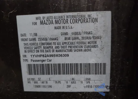 2009 Mazda Mazda6 I Touring z USA, uszkodzony, nr VIN 1YVHP82A995M36309